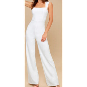 LULU'S sz M Enticing Endeavors White Square Neck Straight Leg Jumpsuit  NEW B46